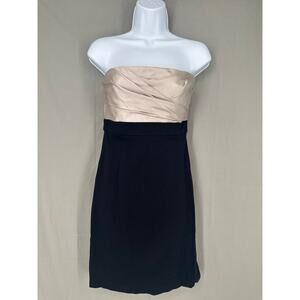 Y2K Vintage Dress Womens 6 Black Mini Beige Silk Strapless 90s Minimalist Party